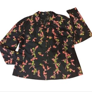 British Khaki Silk/ Linen Black Floral Beaded Snap Front Old Money Shirt Sz L